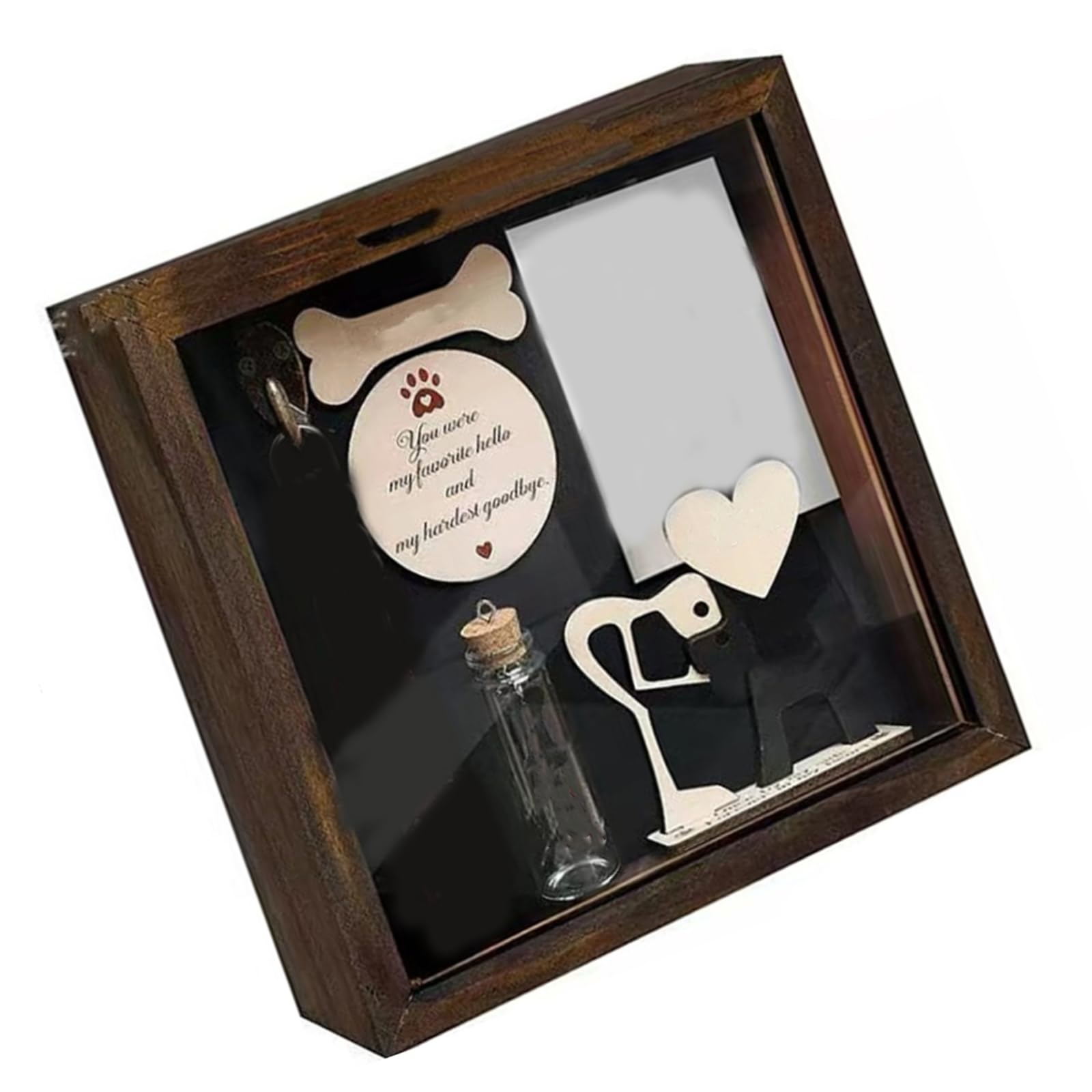 Shntig Pet Wooden Collar Holder Frame With Memorial Tags & Hair Bottle Dog Sympathy Pet Memorial Shadows Box