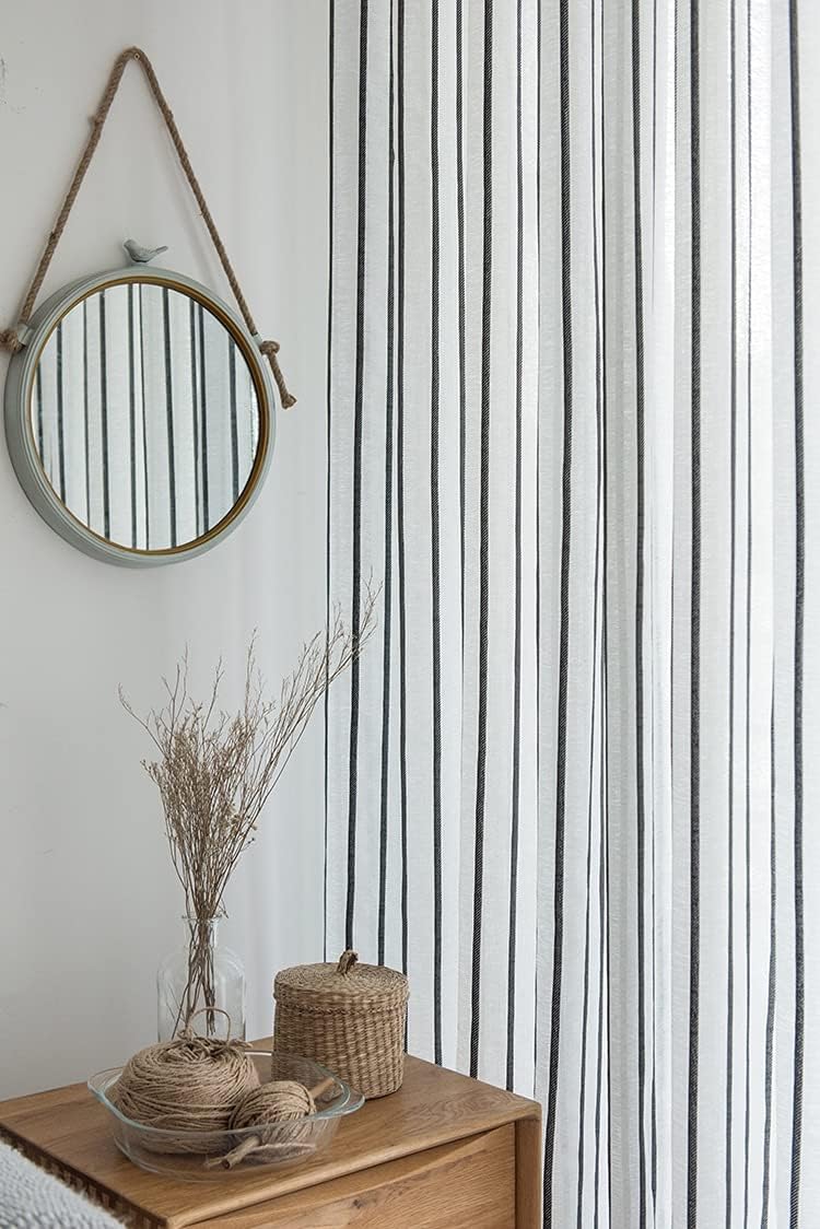 Northern Europe Simple Style Stripe Sheer Curtains Voile Curtain Home Decor for Kids Nursery Room Kitchen(1 Panel, W 100 x L 84 inch, Black)