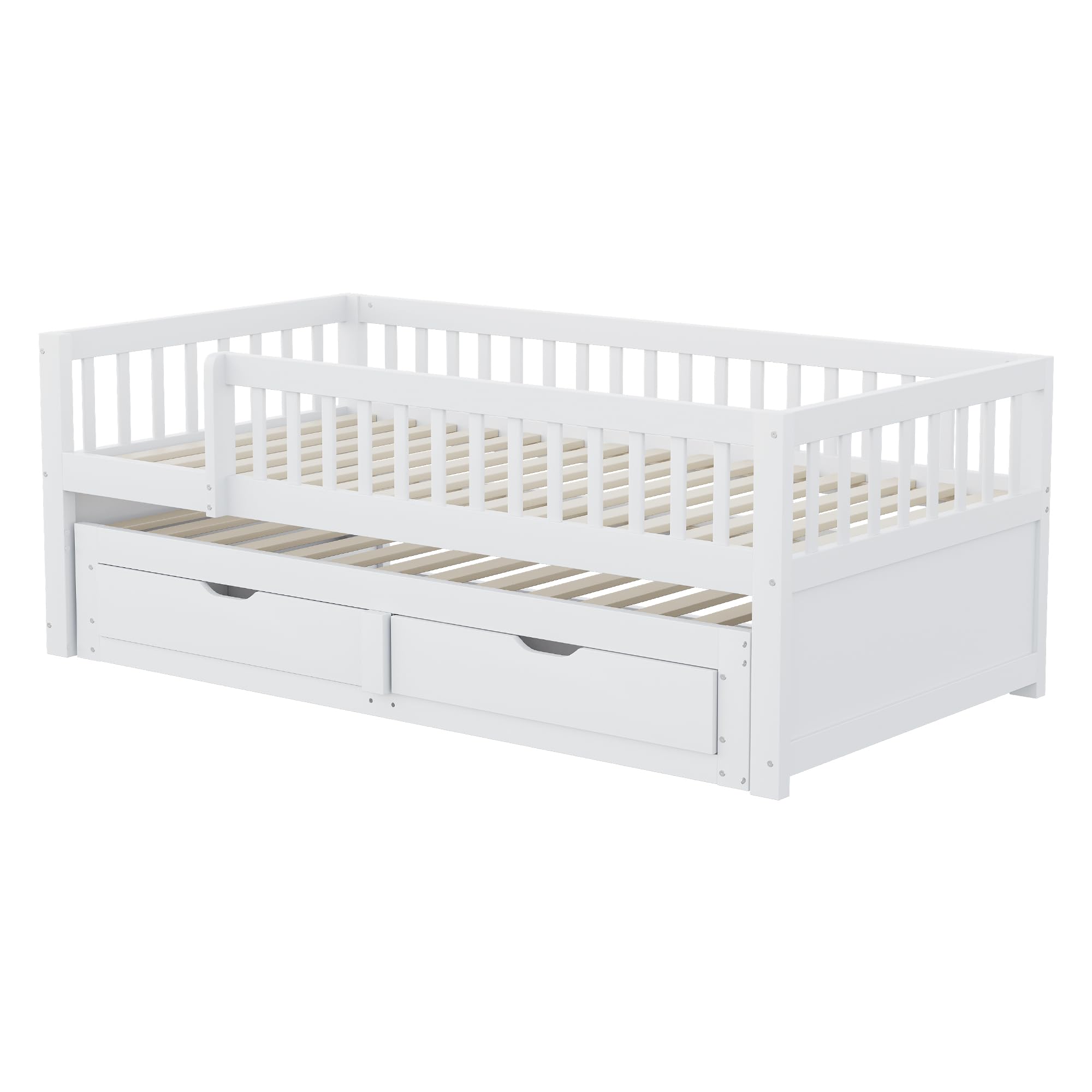 Kebnor Massivholz-Schlafsofa, Vollverkleidetes Sicherheitsgitter, Ausziehbares Bett mit 2 Schubladen Darunter, Mit Lattenrost, Kinderbett Jugendbett Gästebett Erwachsene (Weiß, 90 * 200 cm)