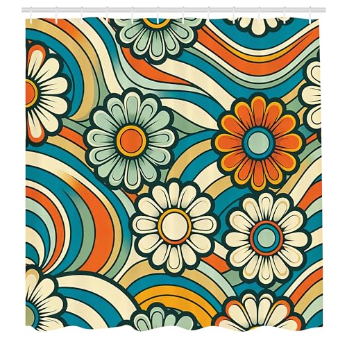 ABAKUHAUS Hippie Duschvorhang, Gänseblümchen ähnliche Blumen auf abstrakten Groovy Stil Wellen Retro 60er 70er Vibes, Stoffliches Gewebe mit Haken, 175 x 220 cm, Ringelblume Lachs