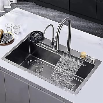 Stainless Steel Kitchen Sink Raindance Waterfall Sink Rectangular Sink Wash Dishes Sink Nano Single Sink Workstation Kitchen Sink with Pull-Out Faucet, 75 * 45 * 22cm