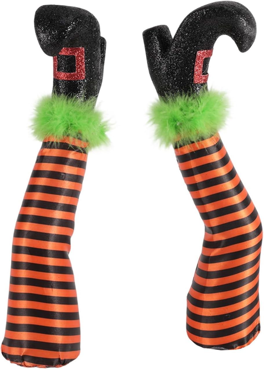 2 Pcs Halloween Witch Leg Decorations with 2 Rods, Upside Down 3D Witch Legs Garden Stake Decor with Orange Stripes for Lawn Garden & Indoor Halloween Decorations