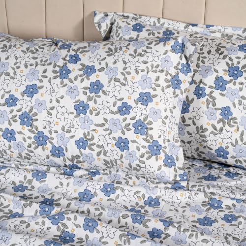 Image of Home Elegance from House of Mytrident | Linen Feel Bed Sheet for Double Bed King Size with Two Pillow Covers | Ultrasoft | Floral 274cm x 250cm | myTrident - Zest Blue