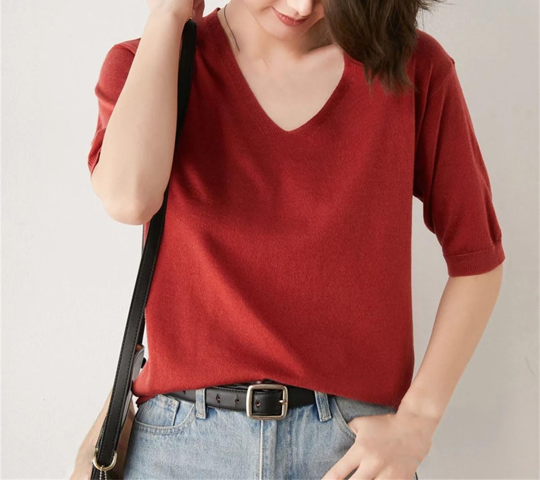 Maglione da donna in lana di cachemire, tinta unita, a maniche corte, con scollo a V, maglia morbida e calda