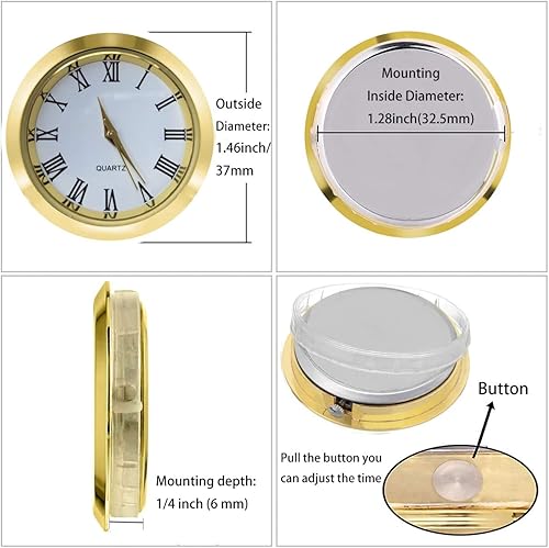 Miniatura 6 de HILLHOME Mini reloj de inserción de 1-12 pulgadas (1.457 in) movimiento de cuarzo redondo reloj en miniatura esfera blanca bisel tono plateado