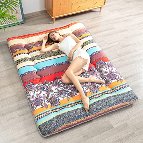 Higogogo Japanese Floor Mattress For Adults, Thick Foldable Futon Mattress For Floor, Korean Roll Up Sleeping Pads, Portable Folding Foam Floor Bed Tatami Mat, Shikibuton For Guest, Boho B, Queen #TOP1