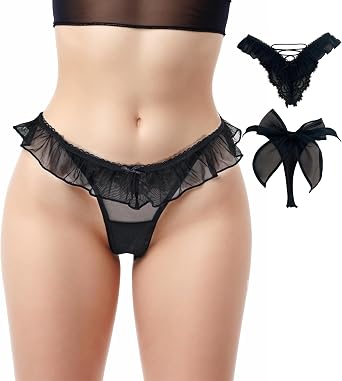 Womens Lace Bow Thongs, Low Waist See Through Sexy Lingerie, T Back Breathable Seamless V-Shape Design Floral Lace tangas