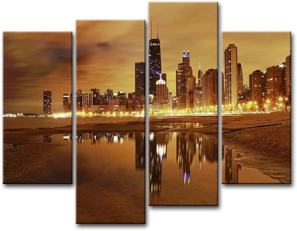 So Crazy Art- Chicago Wall Art Decor Skyline of USA City Under the Lighted Night Canvas Pictures Artwork 4 Panel Modern Painting Prints for Home Living Dining Room Kitchen