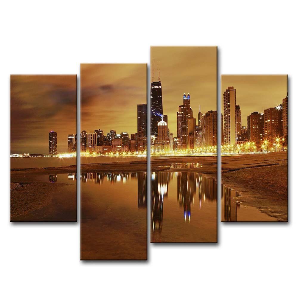 So Crazy Art- Chicago Wall Art Decor Skyline of USA City Under the Lighted Night Canvas Pictures Artwork 4 Panel Modern Painting Prints for Home Living Dining Room Kitchen