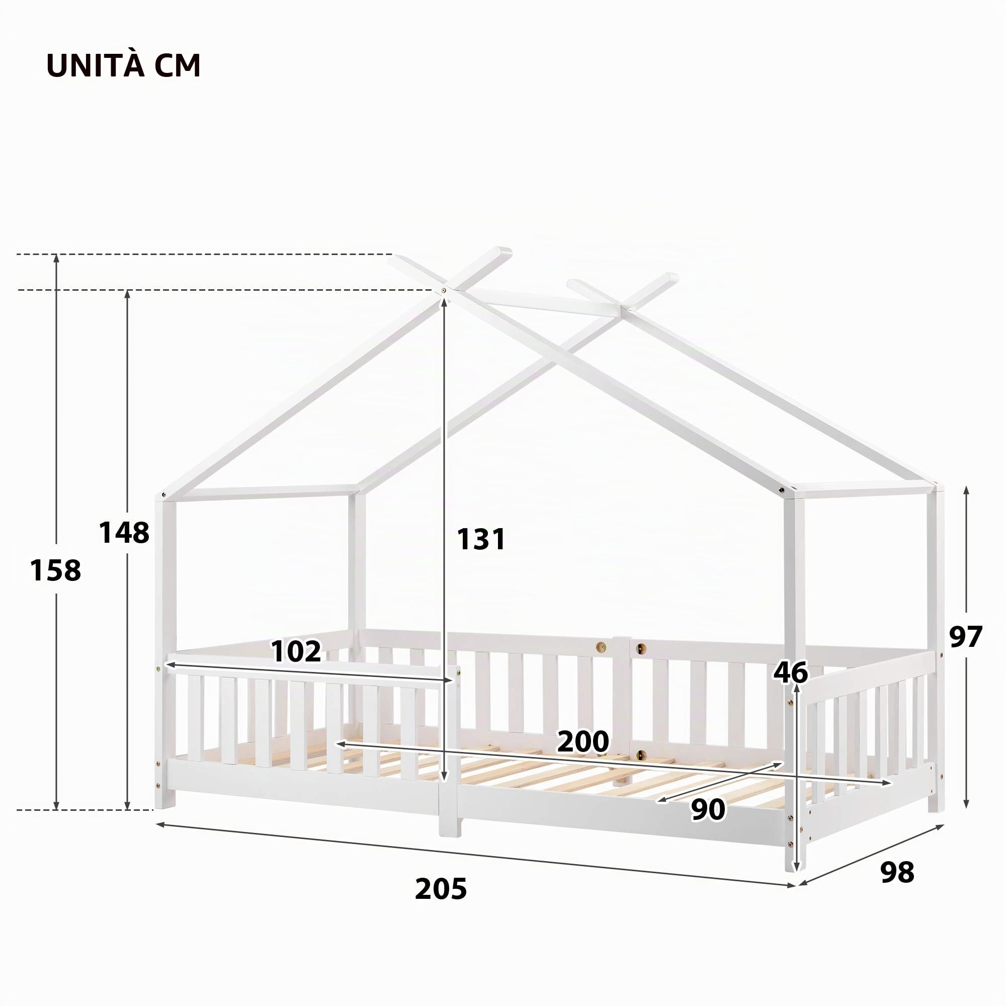 Moimhear Bellissimo letto per bambini, 200 x 90 cm, in legno massiccio con recinzione