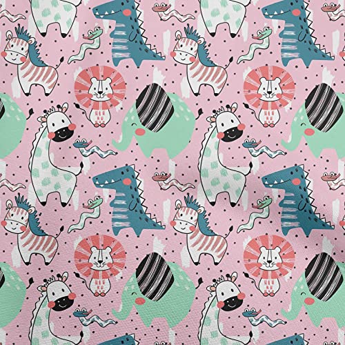 oneOone Cotton Flex Rose Pink Fabric Kids Cutie Animal Sewing Material Print Fabric By The Yard 40 Inch Wide