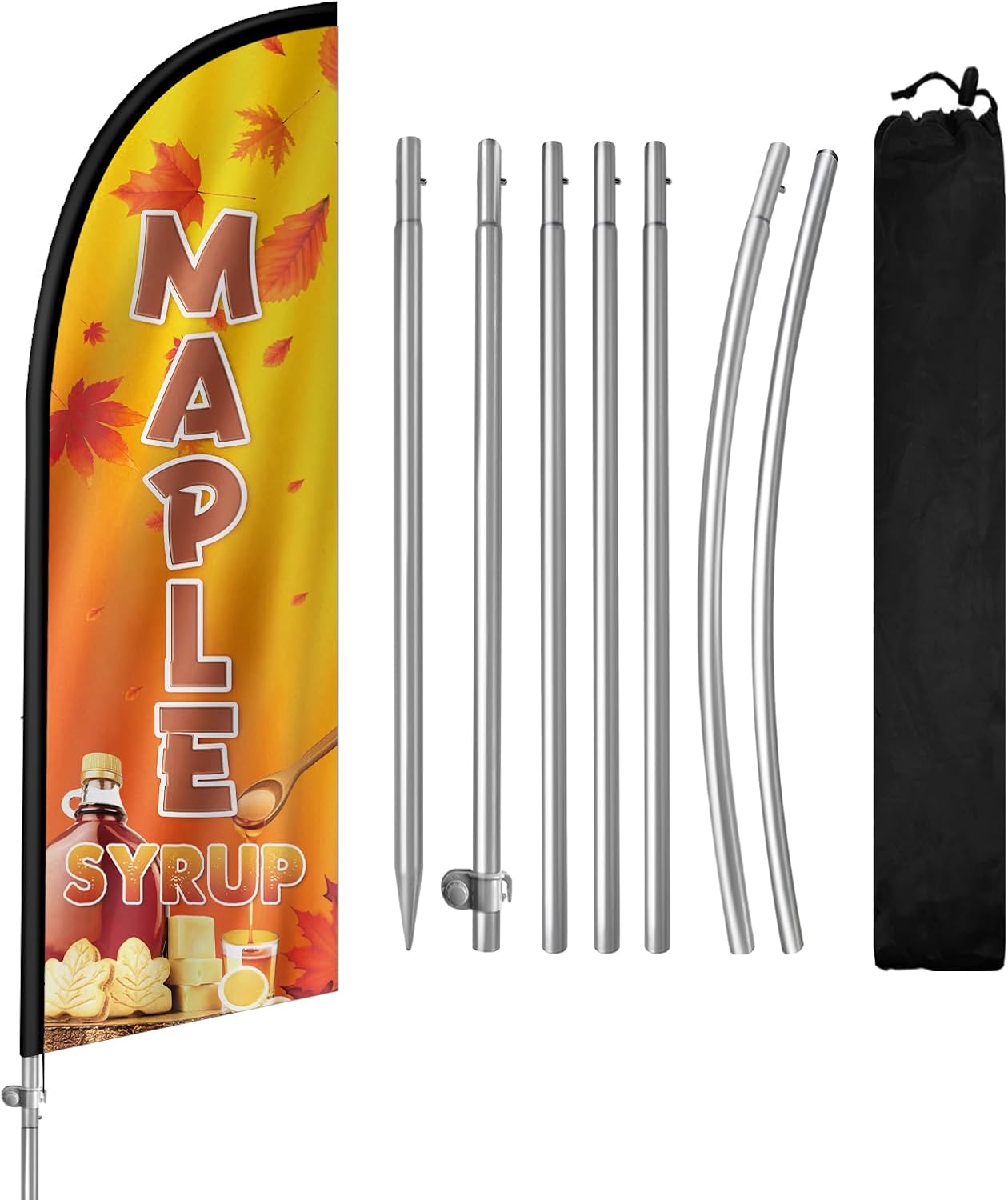 Maple Syrup Flag for Business, Maple Syrup 8FT Polyester Advertising Swooper Flag with Aluminium Alloy Flag Pole Kit, Stainless Steel, Ground Spike, Portable Bag
