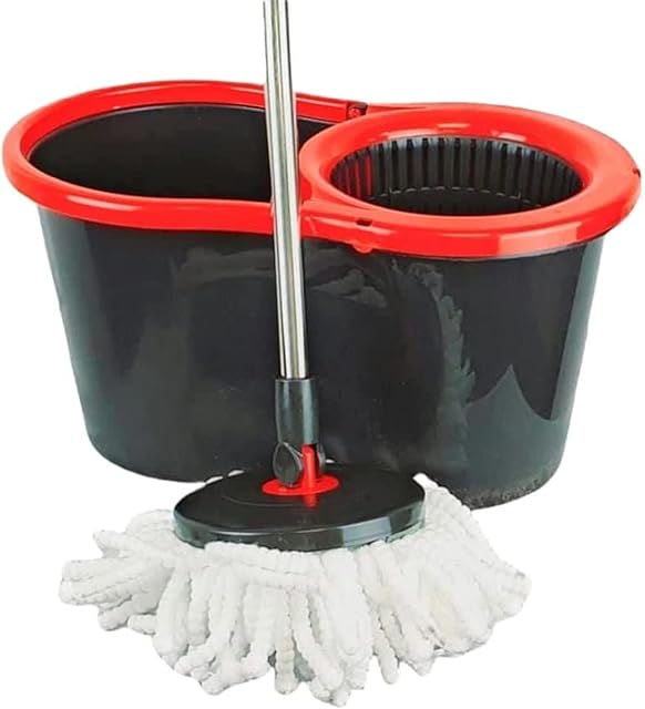 Spin Mop Bucket Set with Spin 360 Wringer and 1 Microfibre Mop Pad Head Telescopic Easy Press Handle with Spin Dry Cleaning Caddy Set-Microfibre Home Cleaning Clean Floor (Red)