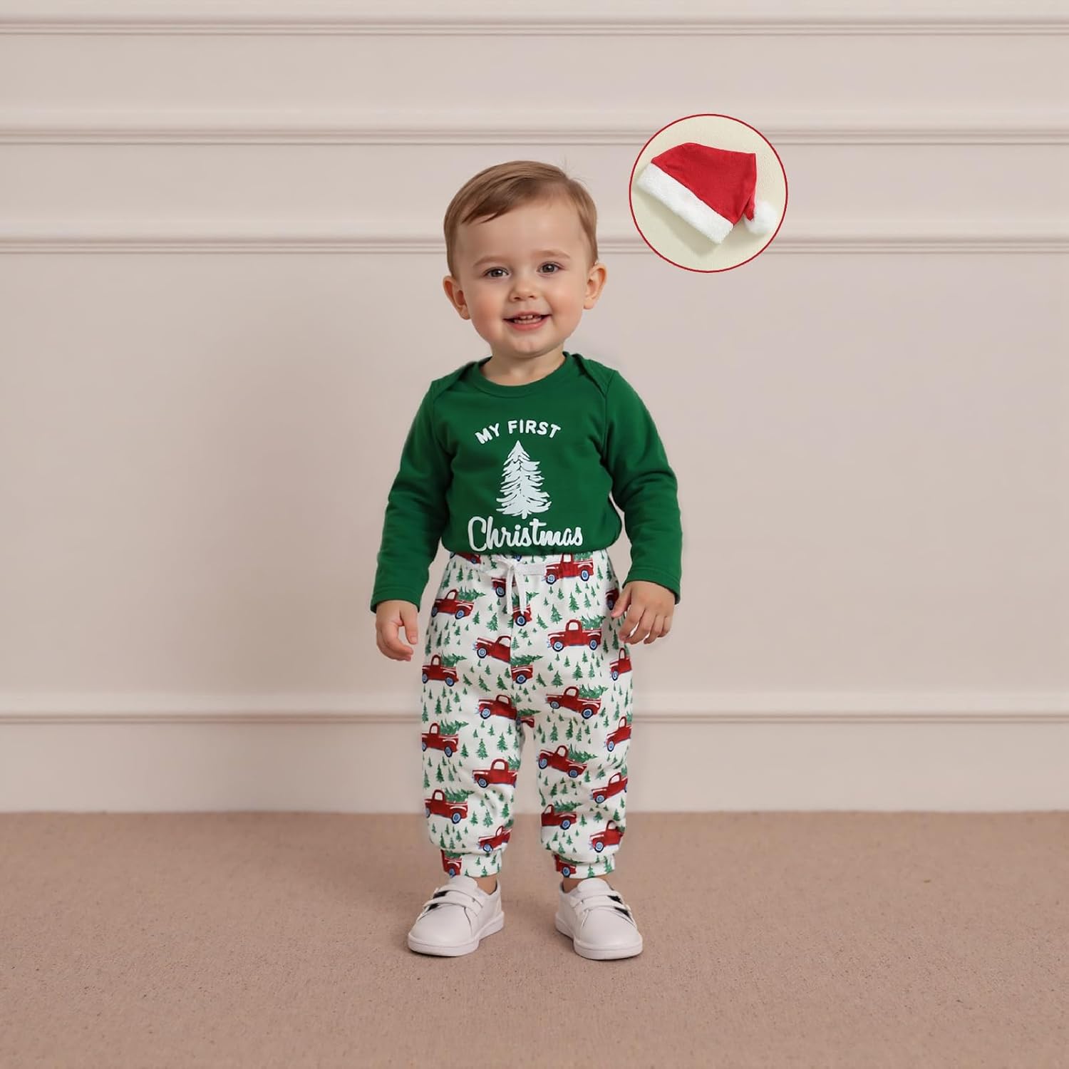 Baby Boy First Christmas Outfit Long Sleeve Truck Tree Print Romper Jogger Pants Hat Newborn Fall Winter Clothes Set - Image 5