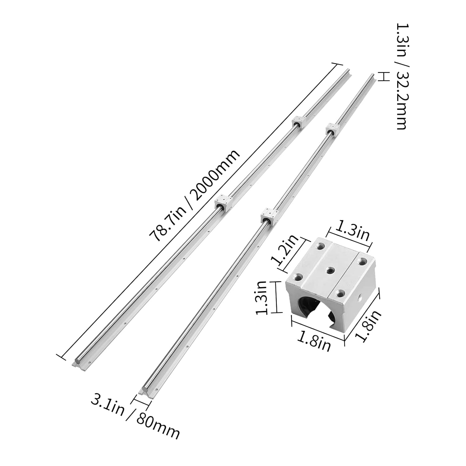 VEVOR Linear Guide Rail Set, SBR16-2000mm, 2 PCS 2000 mm SBR16 Guide Rails and 4 PCS SBR16UU Slide Blocks, Linear Rails and Bearings Kit for Automated Machines DIY Project CNC Router Machines