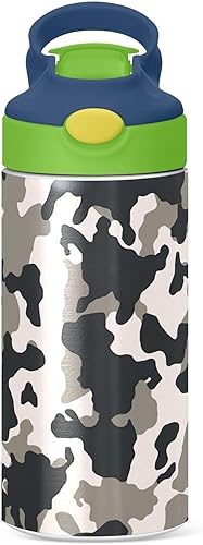 Miniatura 2 de Botella de agua para niños con estampado de vaca blanca y negra, botellas de agua aisladas de acero inoxidable con tapa con pajilla, 12 onzas, sin