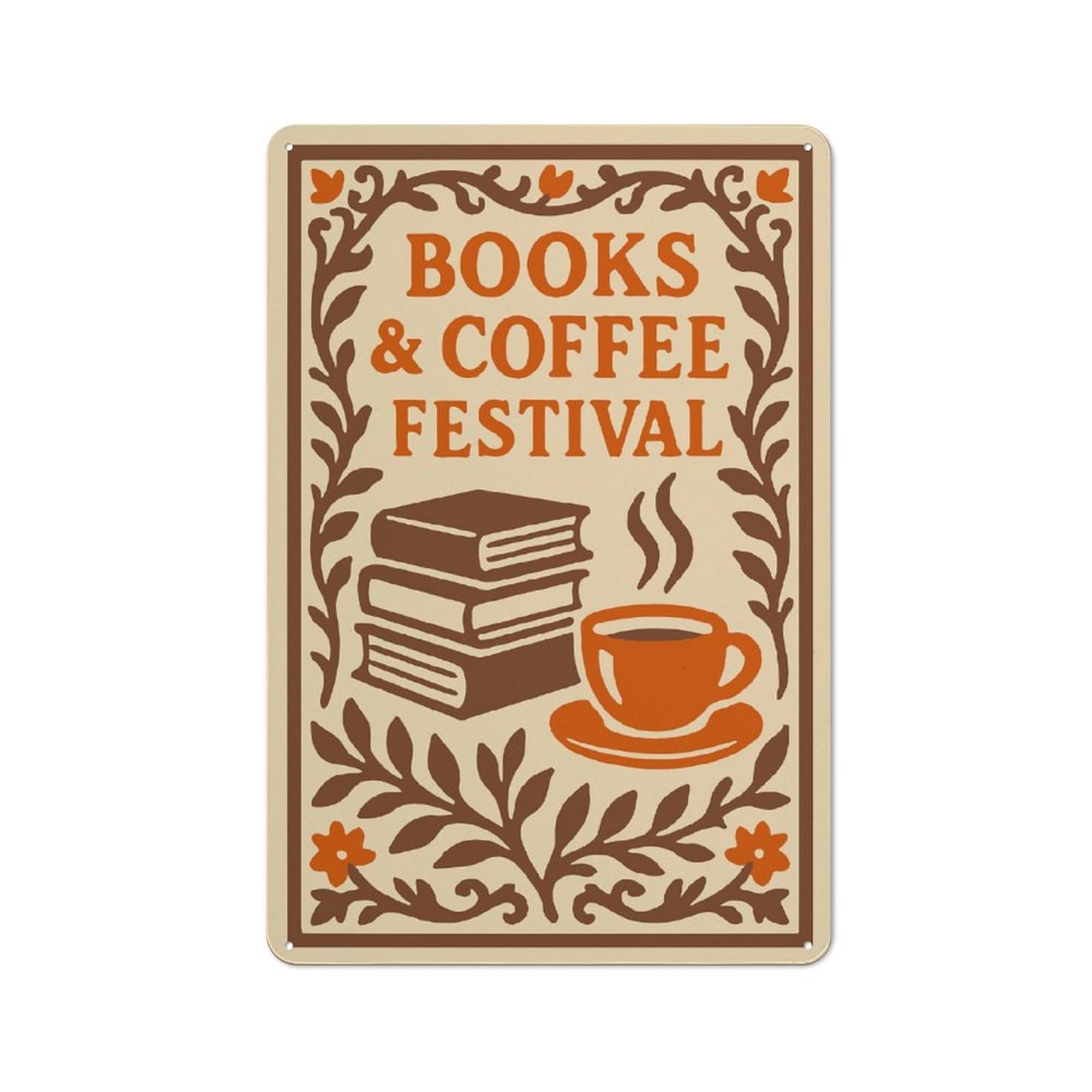 Tin Sign with Books & Coffee Festival Illustration Design 30x20cm, Creative Creative Space Decor for Home Office, Reading Corner Or Bedroom