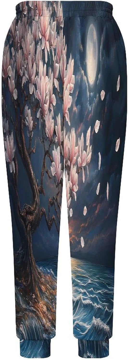 Magnolia Flower Full Moon Over Sea Men's Pants Athletic Workout Sweatpants Jogger Casual Pant for Sports Home