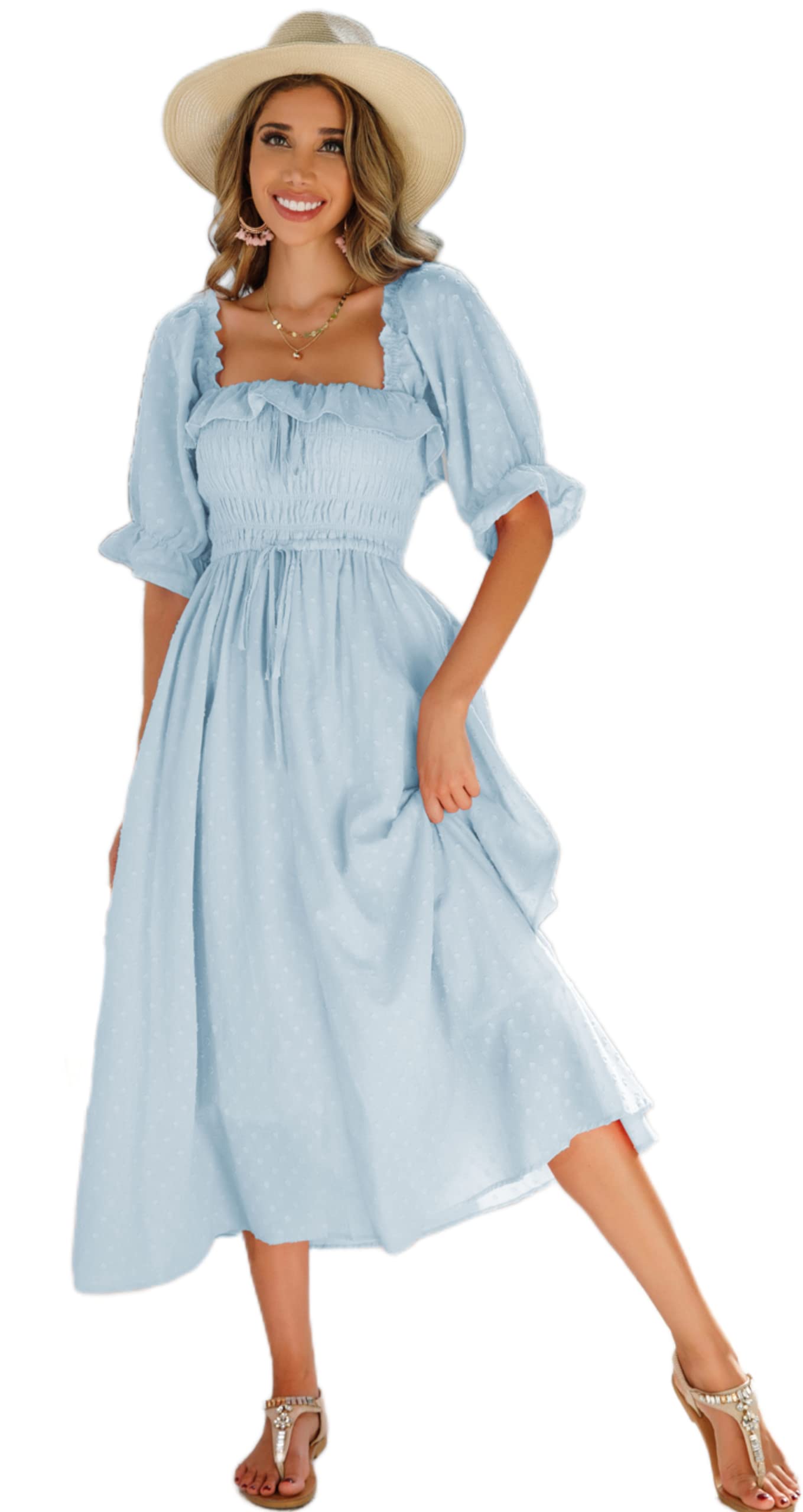 R.Vivimos Women Summer Cotton A Line Flowy Long Dresses | Half Sleeve, Ruffled, Vintage Elegant, Smocked Backless Dress, Maternity Shoot, Baby Shower, Casual Vacation Outfits