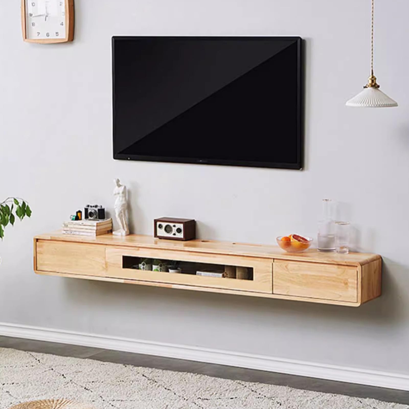 Meuble TV Suspendu Moderne Bois Massif 120-200cm Flottan Console multimédia de Divertissement Murale Étagères TV Murales 2 tiroirs pour Salon et Bureau (A, 140CM)