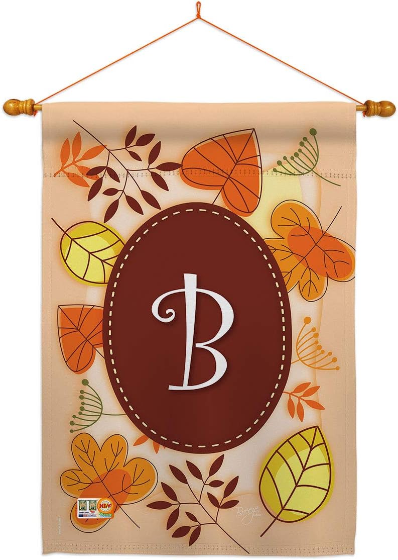Autumn B Initial House Flag Dowel Set Monogram Falltime Harvest Scarecrow Pumkins Sunflower Leaves Season Autumntime Gathering Small Decorative Gift Yard Banner Made In USA 28 X 40