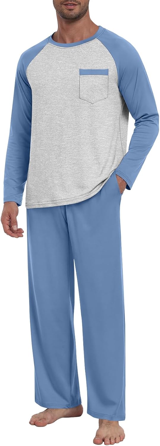 MLXSJ Mens Pajama Set Pjs Sleepwear Lightweight Long Sleeve Pjs Soft Comfy Sleep Set With Pocket - Image 2