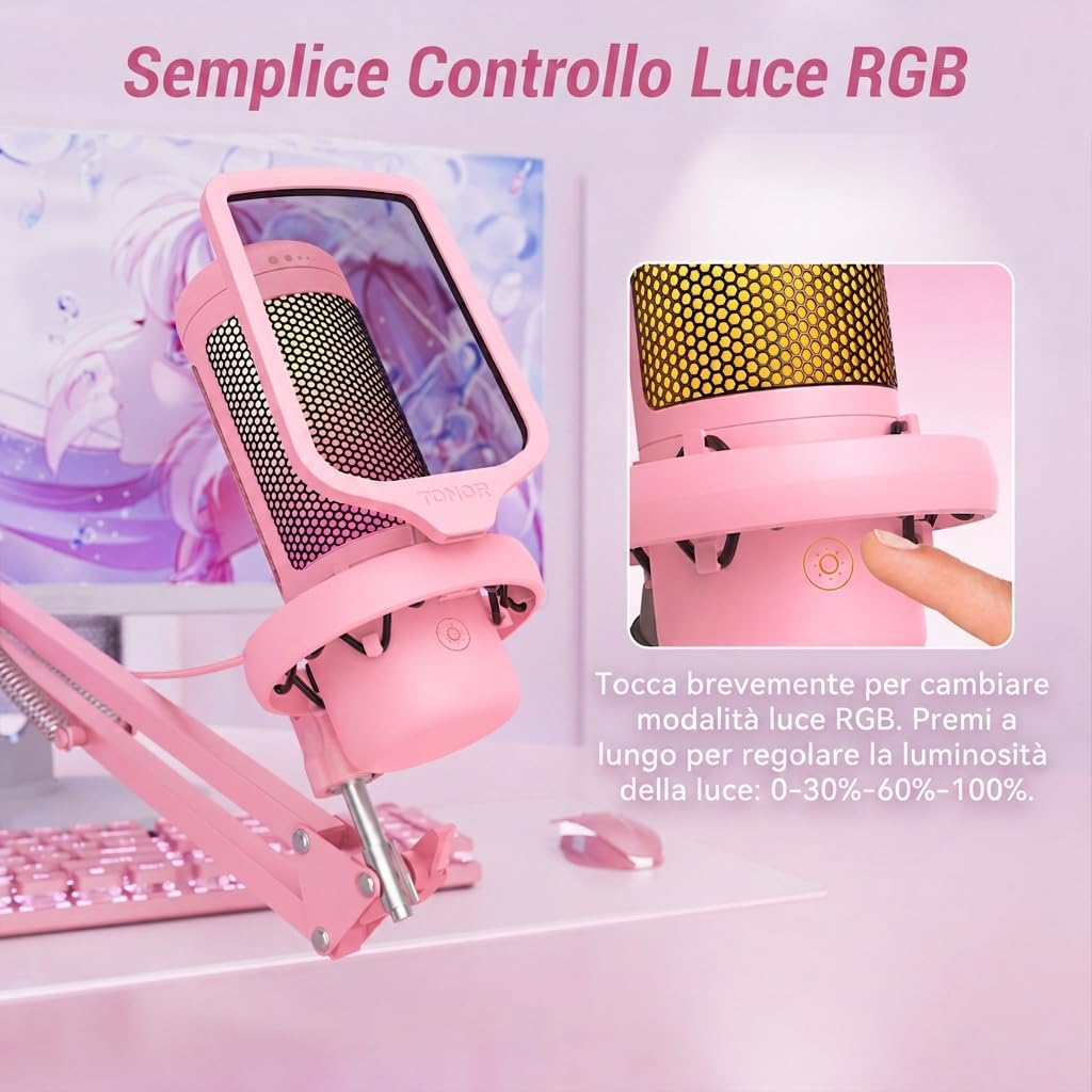 TONOR Gaming Microfono, USB Mic con Supporto per Braccio, Micro a Condensatore Cardioide con RGB e Luminosità Regolabili, Mute Rapido, Controllo del Guadagno, per Streaming, Gaming,Rosa, TC310+