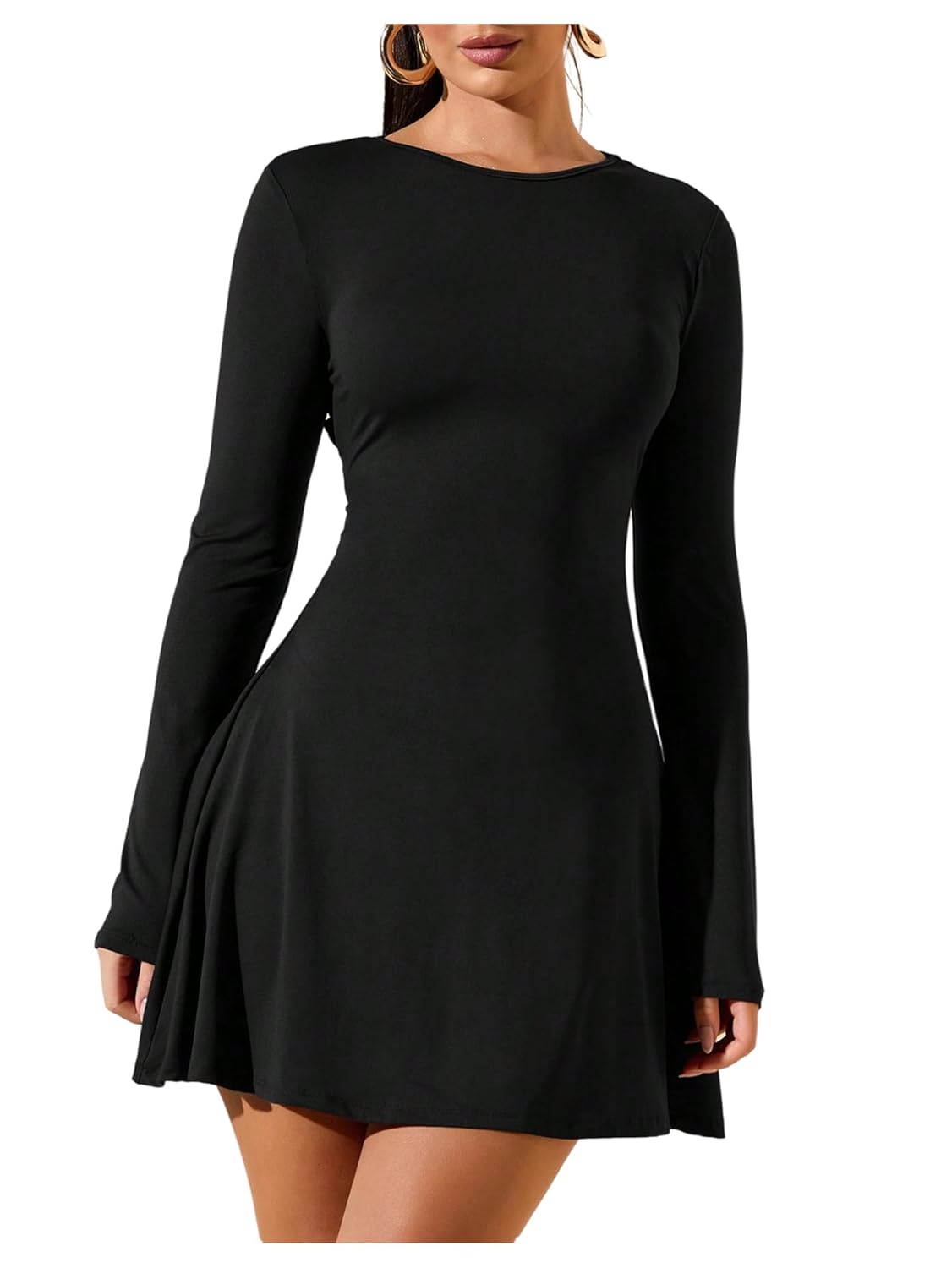 SOLY HUX Womens Long Sleeve Mini Dress Elegant Lace Up Crew Neck Work Office Dresses