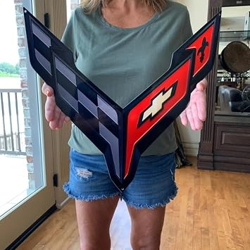 C8 Corvette Black Crossed Flag Wall Emblem Large Metal Art 2020 + Later Full 20" by 19" in Size Cross Flag