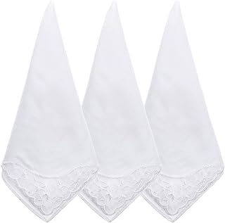 3 PCS Handkerchiefs for Women White Soft Cotton Ladies Hankies Elegant Embroidery Lace Pure Color Square Hankies Daily Accessory Suitable for Afternoon Tea Party 11 Inch
