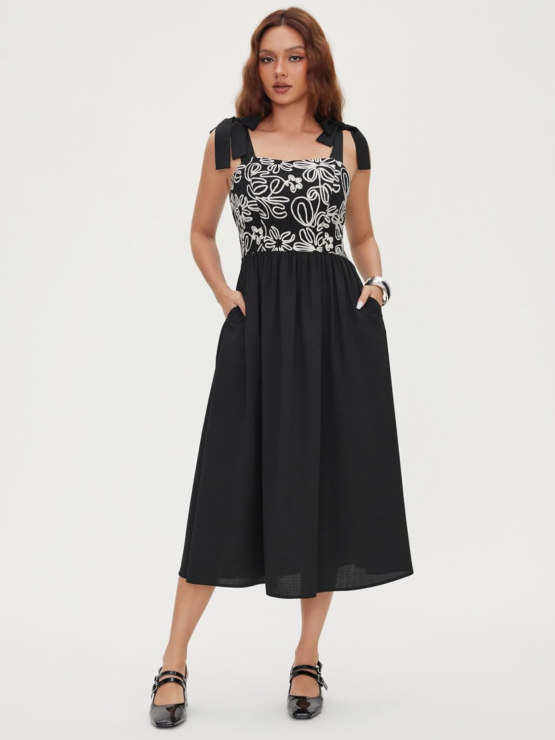 CIDER Womens Square Neck Midi Dresses Sleeveless Bow Straps Smocked Waist Spaghetti Strap Y2k Summer Outfits - Image 2