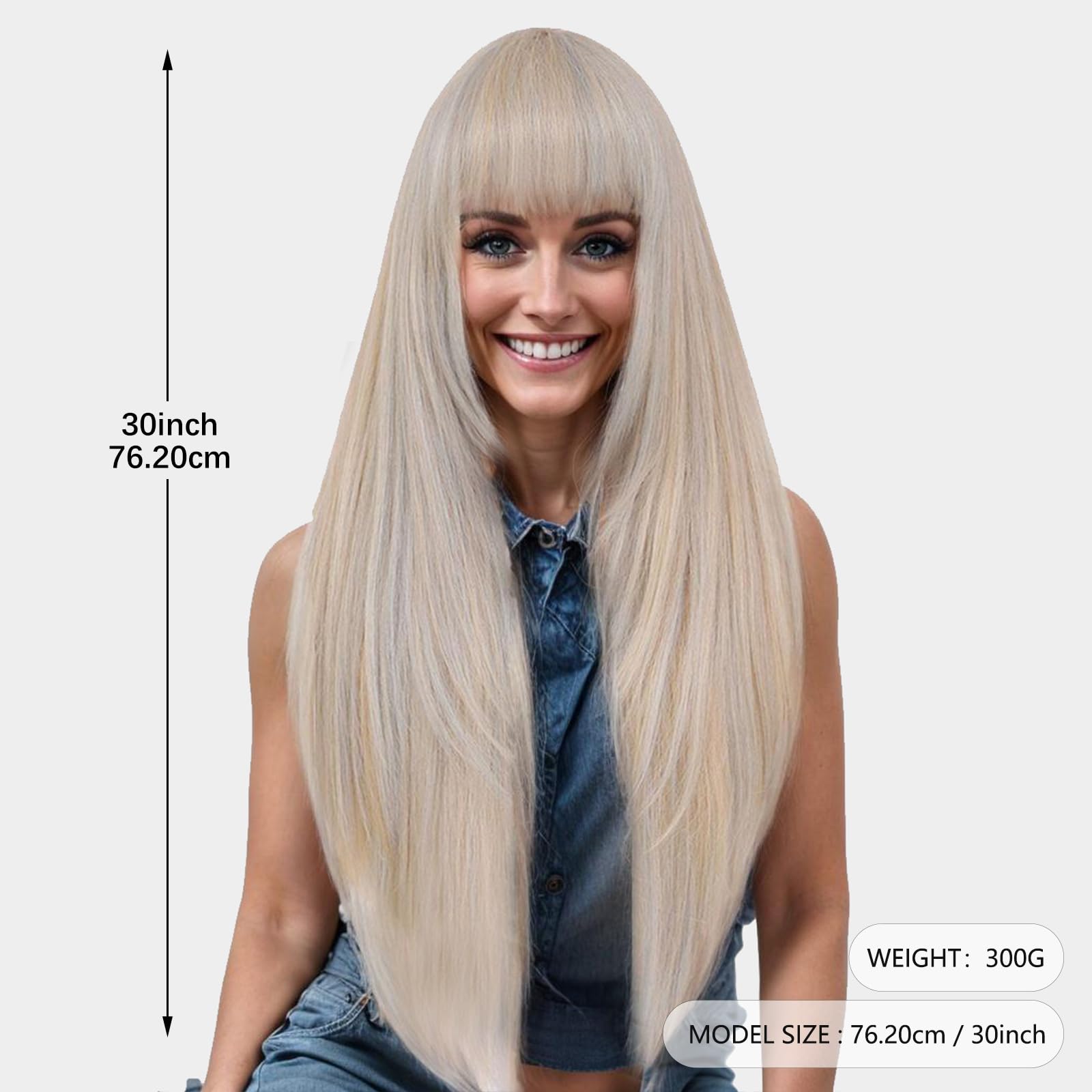 Extra Long 30 Inch Straight Wig with Bangs Heat Resistant Synthetic Layered Cut Amazon.com : meiliprotea 30 Inch Blonde Wig with Bangs  main image 3