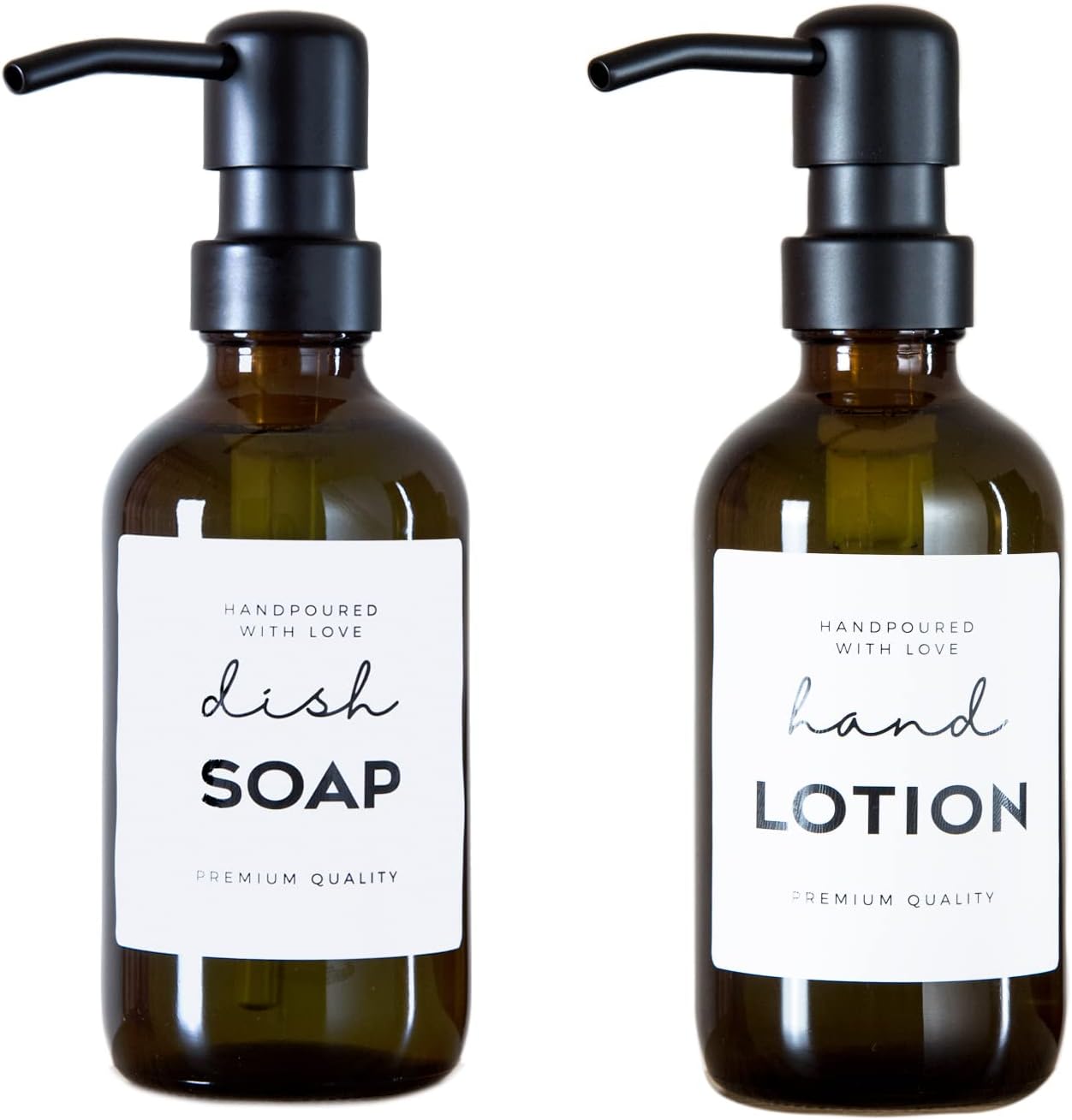 Prefdo 2 Pack Amber Glass Jar Soap Dispenser with Rustproof Pump, 9Oz Boston Round Bottles with 12 PCS Labels, for Bathroom Bedroom, Brown