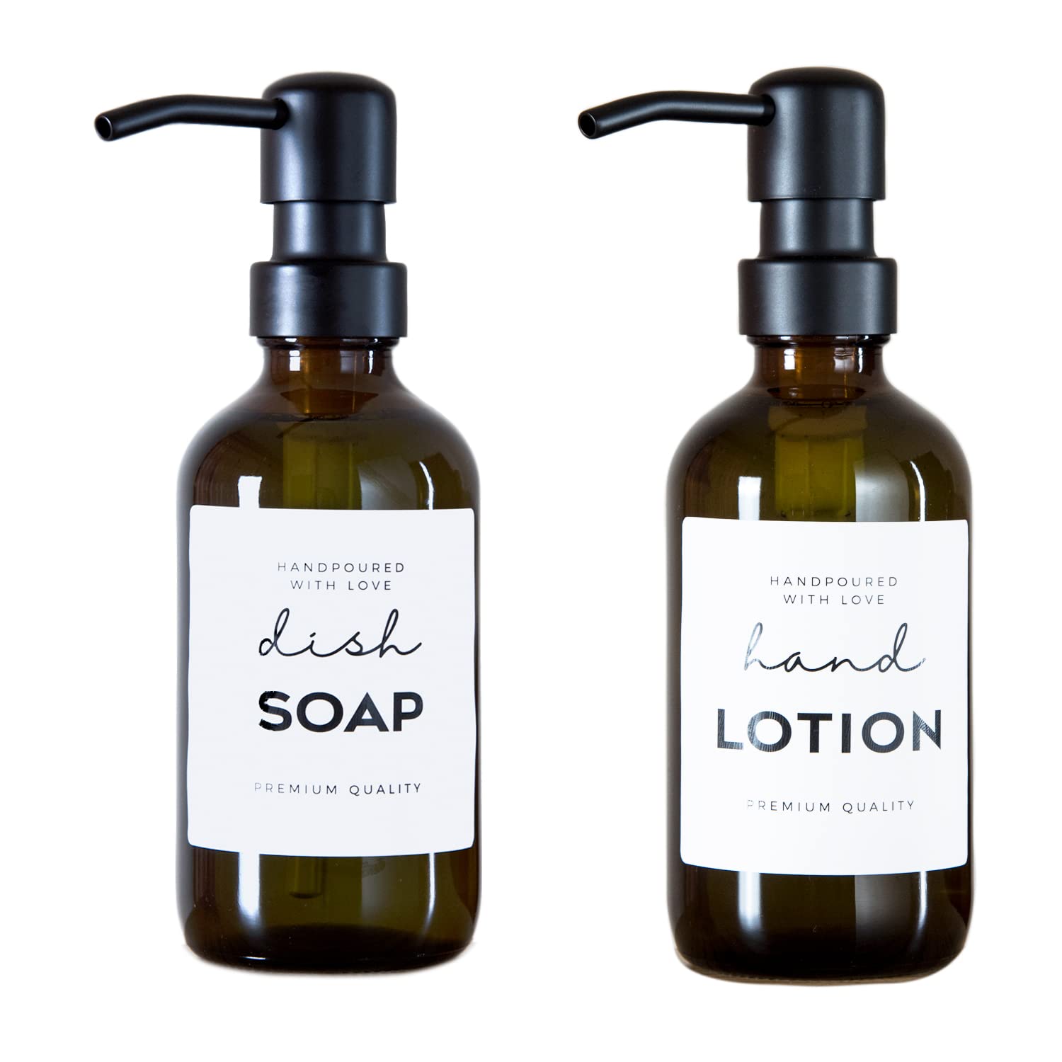 Prefdo 2 Pack Amber Glass Jar Soap Dispenser with Rustproof Pump, 9Oz Boston Round Bottles with 12 PCS Labels, for Bathroom Bedroom, Brown