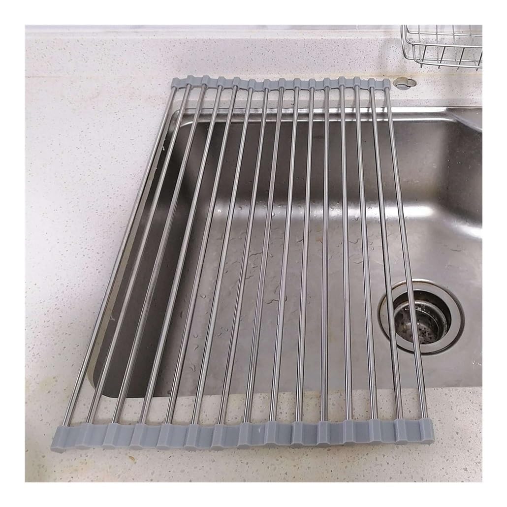 Escurridor de Platos Enrollable, de Acero Inoxidable, para Colocar sobre el Fregadero o la encimera de la Cocina, Plegable y Enrollable, de 14,6” a 18,5”.