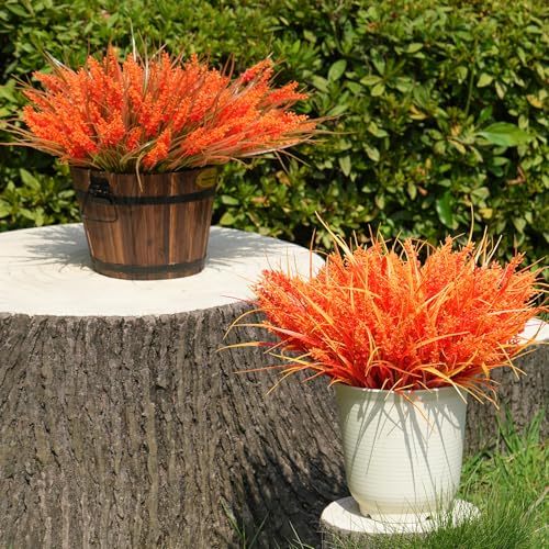 20 Bundles Artificial Plants Outdoor, UV Resistant Fake Flowers, Realistic Faux Lavender Shrubs for Porch Garden Window Box Home Decoration (Fall Orange-red)