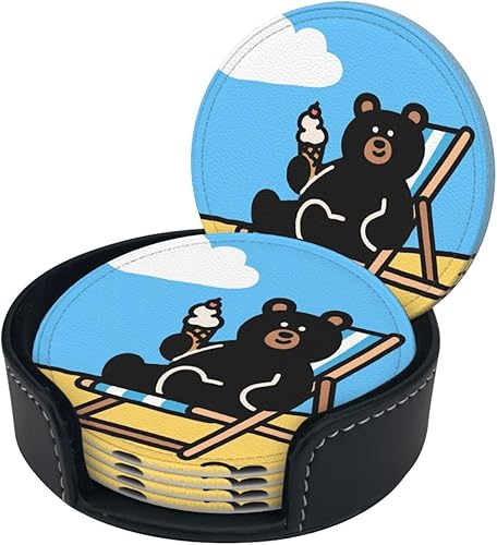 Miniatura 2 de Drink Coasters Set of 6, Black Bear Printed PU Leather Round Coaster with Holder for Outdoor, Office, Bar, Funny Heat-Resistant Home Desk Decor