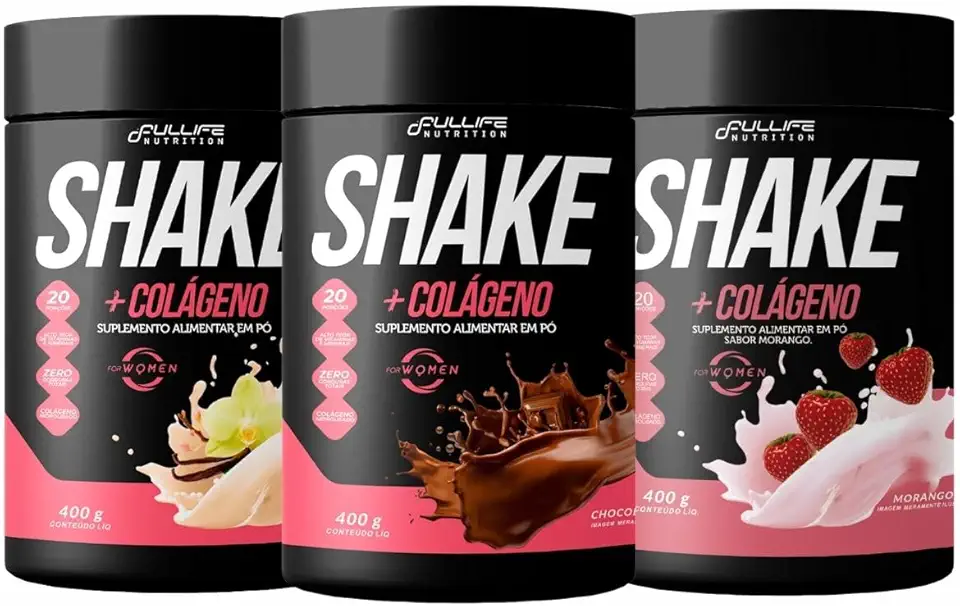 Kit 3 Shakes com Colágeno Sabores Morango, Baunilha e Chocolate | Fullife