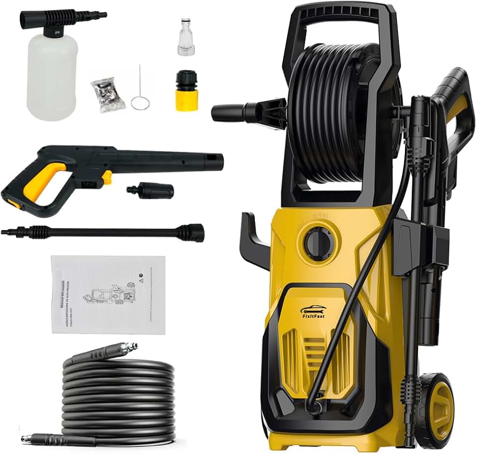 Lavadora de Alta Pressão 2000W, 127V, 120 Bar, 8 L/min, Com um Carretel de Mangueira Giratório, Cabo INMETRO e Rodas Móveis, Ideal para Limpeza Residencial, Carros, Garagens e Pátios (127V)