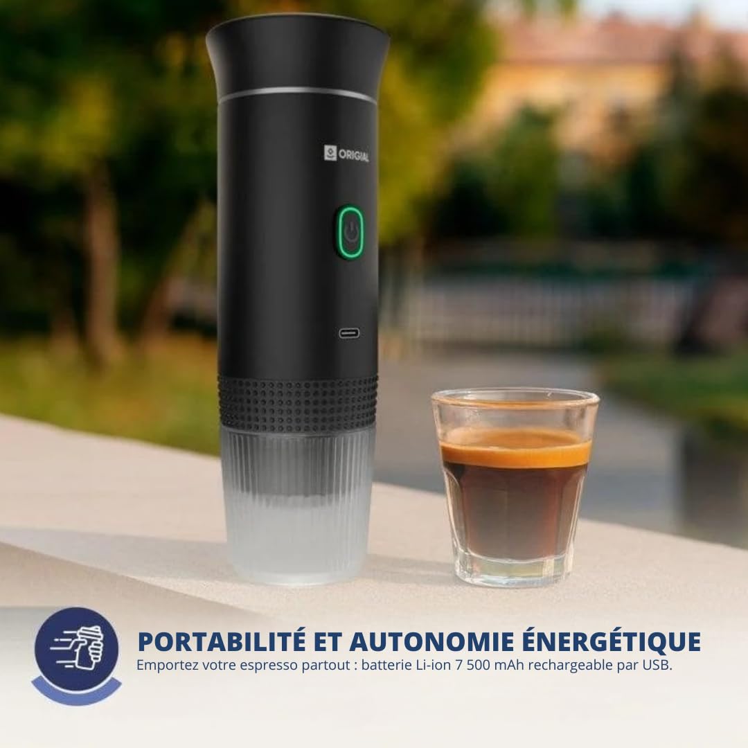 Cafetera Portátil 3 en 1 para Cápsulas y Café Molido, 20 Bares, Batería 7500mAh, Compatible Nespresso y Dolce Gusto, para Viaje, Camping, Coche y Oficina, Negro