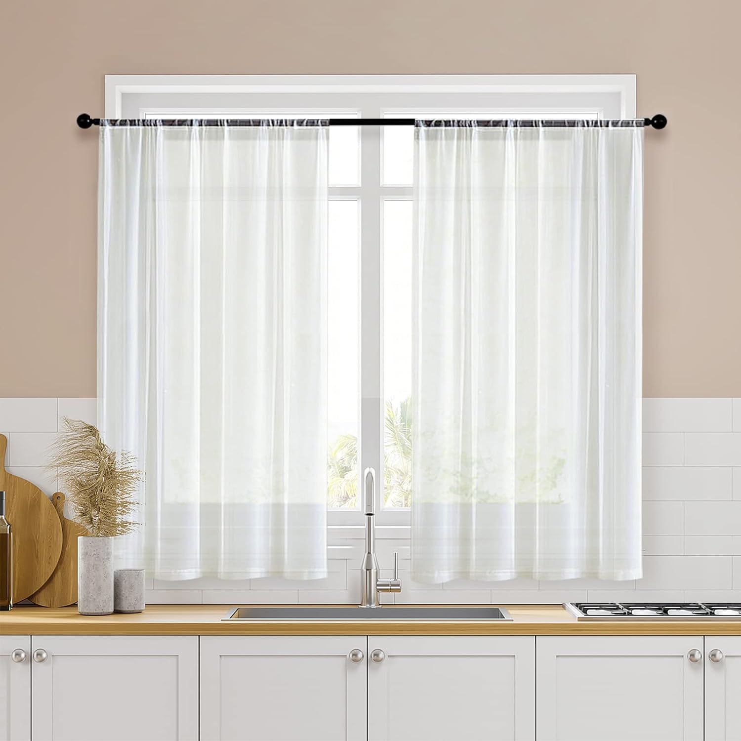 MRTREES 2 Panels Off White Kitchen Tier Curtain Sheers Light Filtering Solid Voile Drapes, Short Half Window Treatments for Basement Living Room, 34 x 40 Inches Long