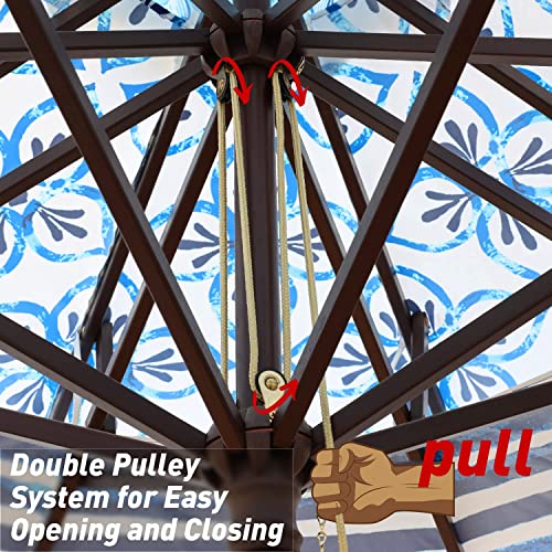 Aoodor 9Ft Umbrella Outdoor Pagoda Patio Table Market Umbrella 3 Tier With Eucalyptus Wooden Frame - Floral Blue White Porcelain Color (Umbrella Only) #TOP6