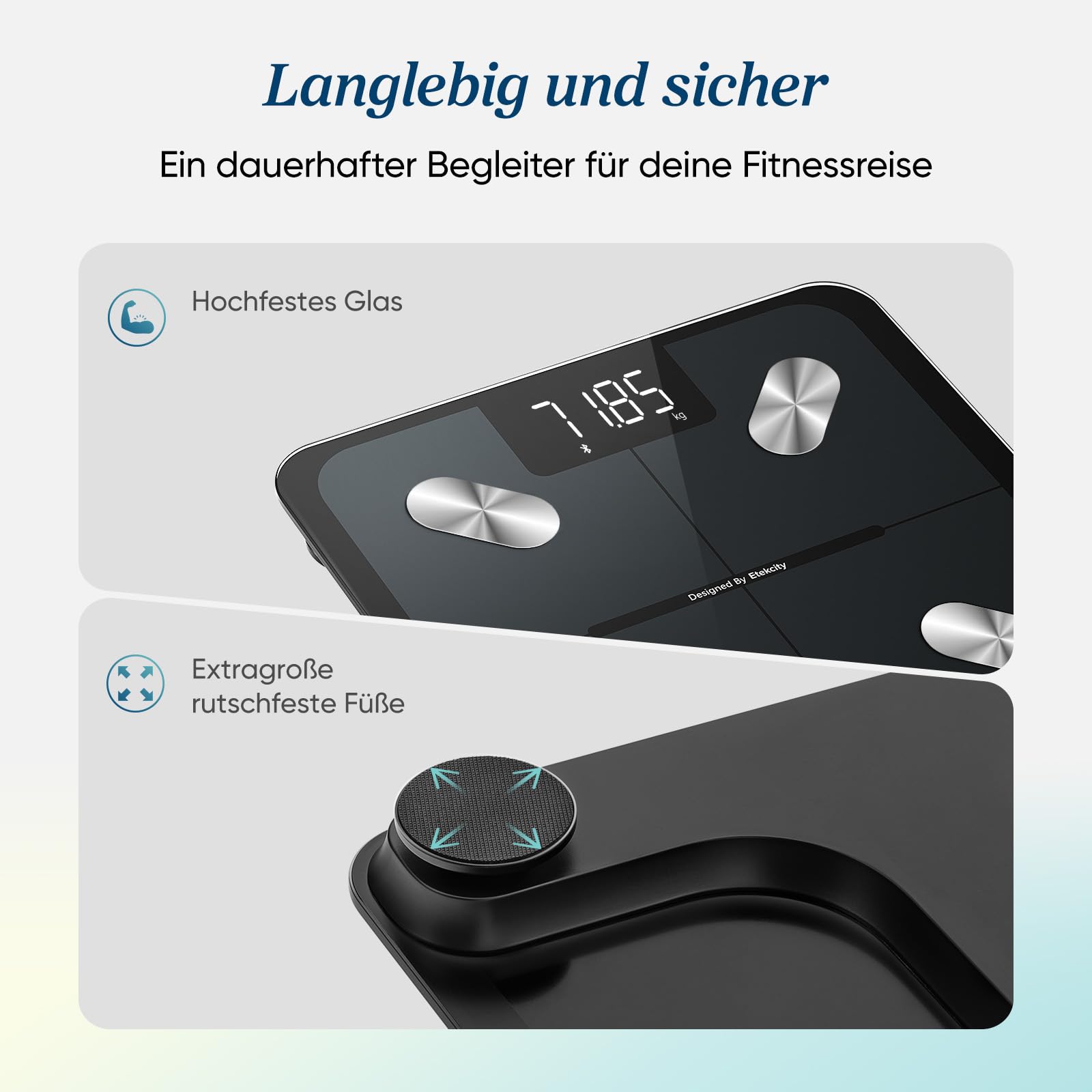Etekcity Körperfettwaage - Personenwaage Digital mit 0,02 kg Genauigkeit - Bluetooth mit App für Fitness - Körperwaage zur Messung von Körperfett,BMI,Muskelmasse,Protein,BMR-Tiefschwarz-28 x 28 cm