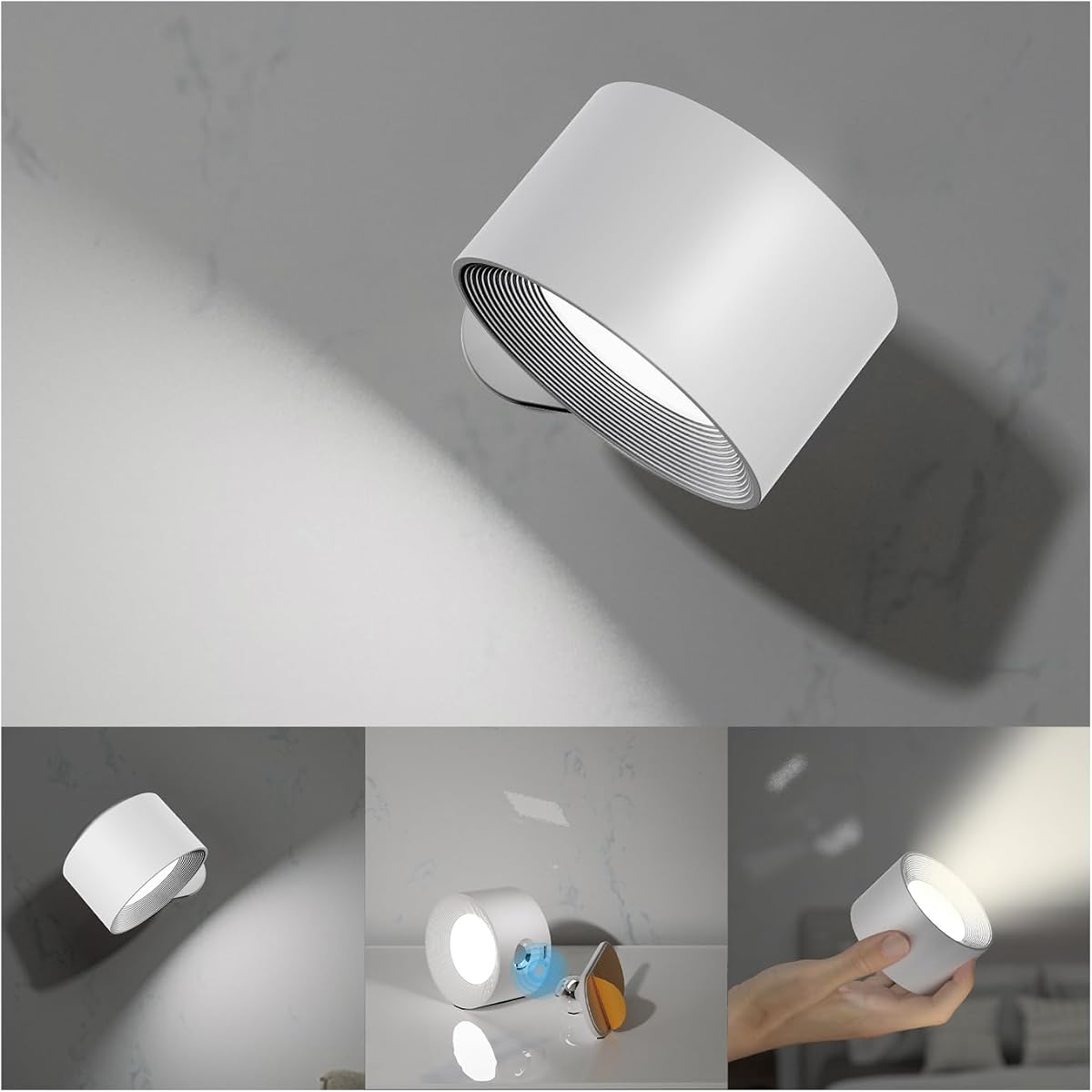 Koopala Apliques de pared LED, lámparas de pared con batería recargable, atenuación 3 brillo, carga extraíble, bola magnética giratoria de 360 ​​°, luz de pared inalámbrica para lectura, estudio, mesita de noche, pasillo