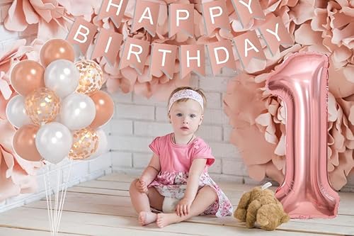 Miniatura 4 de Globo número 1 de oro rosa de 40 pulgadas, decoraciones de primer cumpleaños para niña con globos de confeti blanco dorado rosa, pancarta de feliz