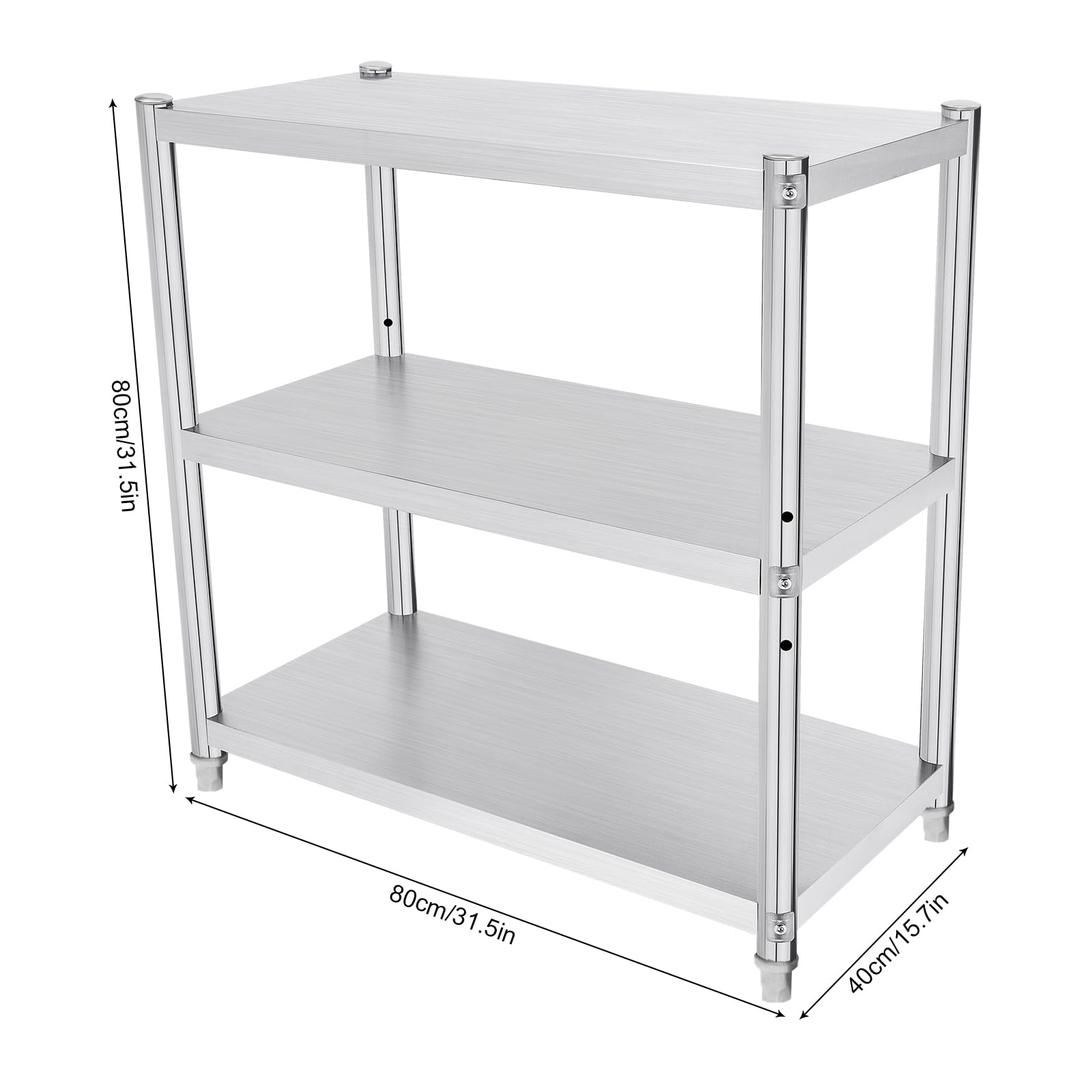 Estanterías de acero inoxidable, 3 etapas, 80 x 40 x 80 x 201 de acero, rango universal para cocina, cuarto baño, laboratorio, almacenamiento de 3 niveles, 30 kg, ajustable garaje taller