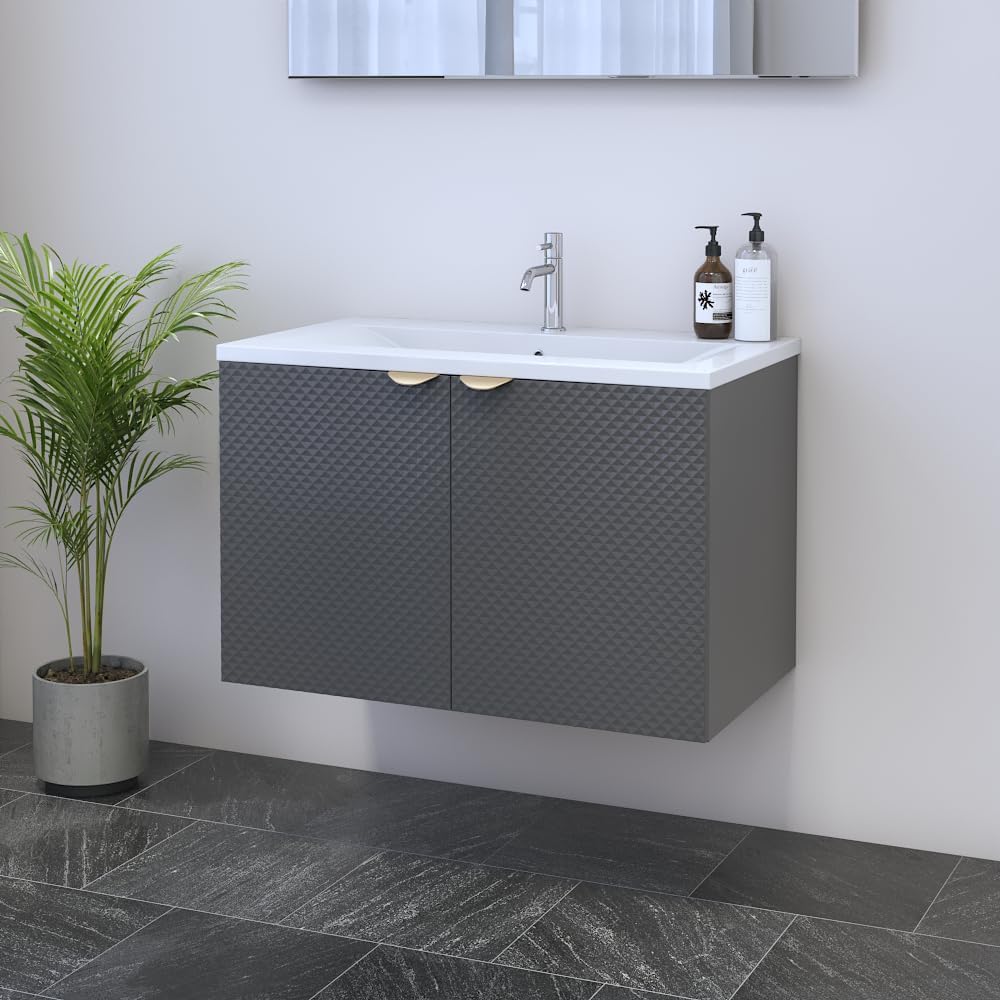 Meble Furniture Bali 04 Floating Bathroom Vanity — 32 Inch Drop-in Sink — Wall Mounted Storage Cabinet, 31.9" W x 19.7" H x 18.3" D — Gray