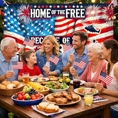 Image of BlissYard 4th of July Banner 71 x 43 Inches Patriotic Decorations Home of The Free Because of The Brave Backdrop American Flag Fireworks Banner for Outdoor Memorial Day Veterans Day Party Decor Photo Studio Booth