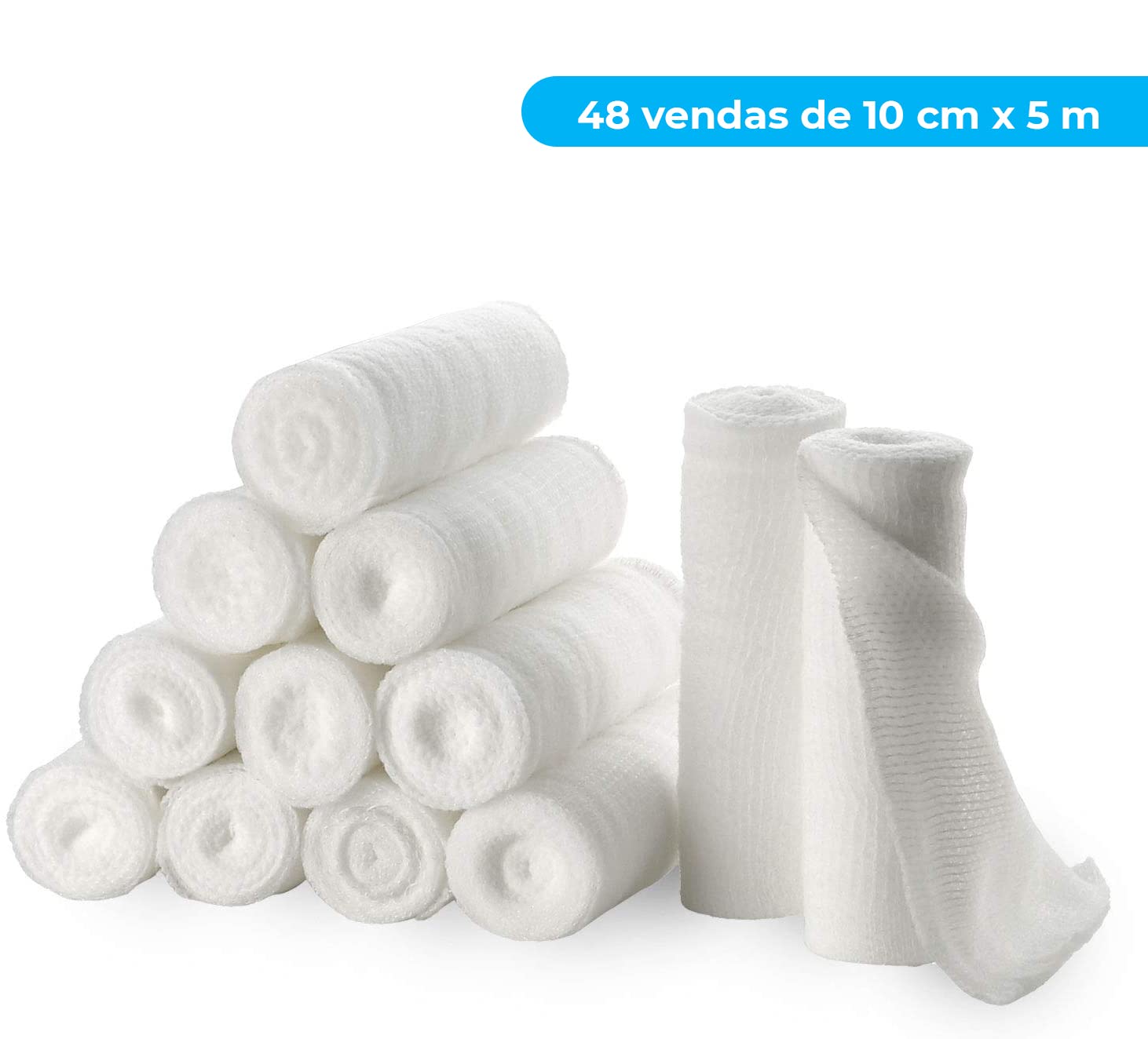 Pack de 48 Rollos de vendas de gasa de 10 cm de ancho x 5 m de longitud cada uno. Vendas elásticas de grado médico y envoltura individual para proteger heridas.