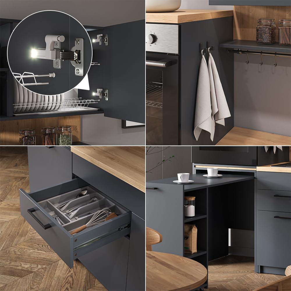 Vicco Küchenzeile Egbert, Anthrazit, 160 cm mit ausziehbarem Tisch, mit integriertem Tellertrockner und seitlichen Regalablagen